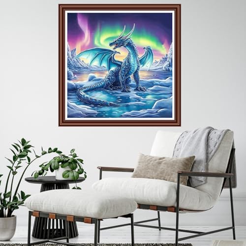 Dimensean Counted Cross Stitch Kit for Beginners, 11CT Unprinted Cross-Stitch Kit Easy Patterns Needlepoint Kit Cross Stitching Embroidery Kit Supplies-Snow Dragon Aurora 18x18 inch