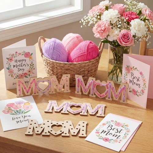 Kathfly 24 Sets Mother's Day Wooden Craft Kit, Wood Mom String Craft Ornaments with Yarn and Plastic Weaving Tools, DIY Lacing Art Hanging Decorations for Activities Handcraft Gifts