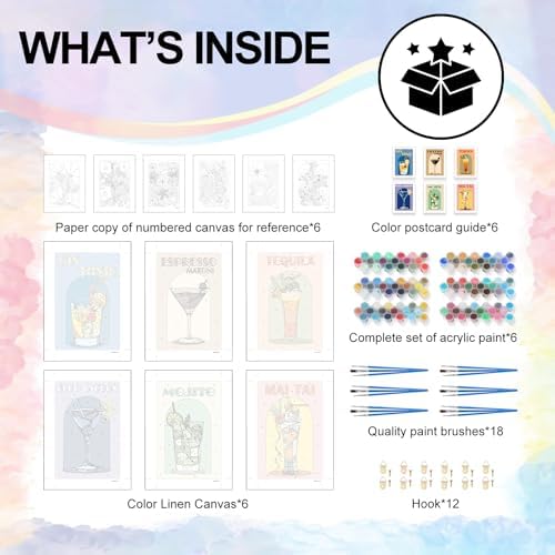 Yezavesu 6 Pack Paint by Numbers Kit for Adults Beginner 8x12 Inch, Cocktail Adult Paint by Number Kits on Canvas Without Frame, DIY Acrylic Cocktail Painting by Numbers for Home Wall Decor Gift