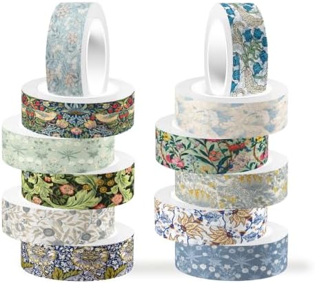 12 Rolls William Morris Washi Tape Set, 15 mm x 5 Meters Vintage Flower Decorative Masking Tape, William Morris Style Earthy Tones Botanical Patterns, for Arts DIY Craft, Scrapbook, Journal Supplies