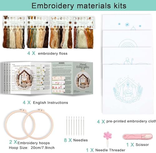 Harimau Adult Beginner Embroidery Starter Kit, Complete Set with 4 Patterns, 2 Hoops, Needles, Scissors, Instruction Guide & Stitching Video Tutorials