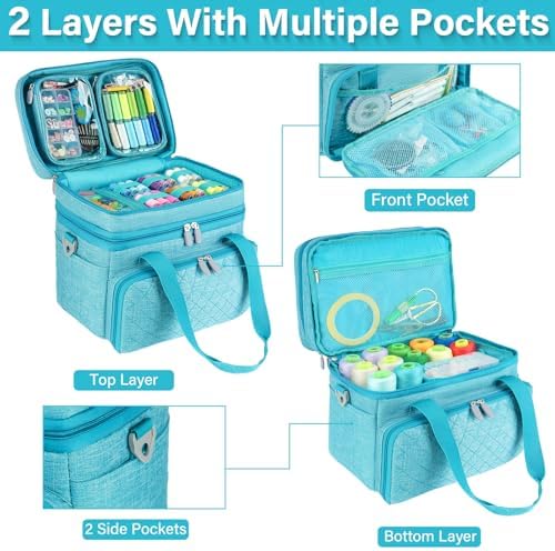 Double Layer Sewing Organizer Bag with Shoulder Strap, Blue