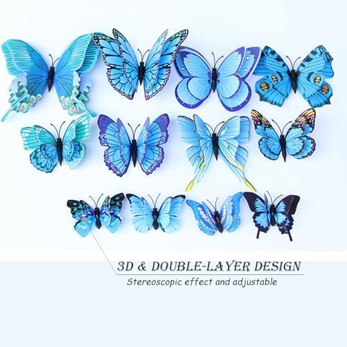 OPSEAM 3D Butterfly Wall Decor Butterfly Decorations Stickers with Magnets | 72 PCS Blue,12 Styles Double Layer Butterfly for Classroom Decoration,Locker Refrigerator, Reusable,Waterproof