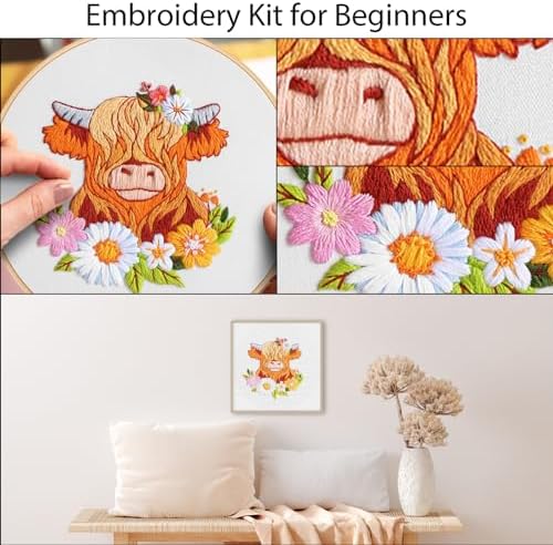 Louise Maelys Highland Cow Embroidery Kit for Beginners Floral DIY