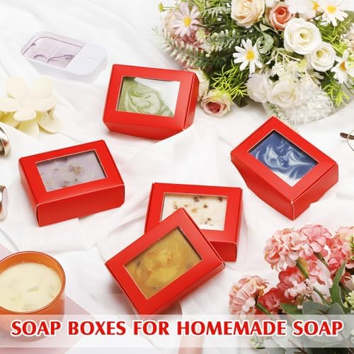 Zonon 60 Pcs Soap Boxes for Homemade Packaging, Mini Kraft Boxes with Window for Bakery Candy Soap Making Gift Packaging, 3.7x2.6x1.4 Inch (Red)