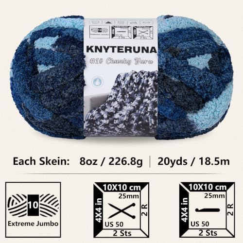 Chunky Yarn for Hand Knitting, #10 Chunky Blanket Chenille Yarn, Large Bulky Thick Jumbo Yarn, Super Chunky Knit Yarn for Crocheting, 8 Skein (8oz,20yds Each Skein), Tie Dye Navy&Multi Blue
