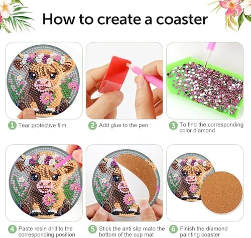 Diamond Art Coasters Kit,8 Pcs Highland Cow Diamond Painting Coasters Kit