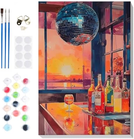 Bowetile Framed Paint by Numbers Vintage Cocktail Kit for Adults, Adults' Paint-by-Number Kits on Canvas, Painting by Numbers Bar, Acrylic Number Painting for Home Wall Decor, 8x12in