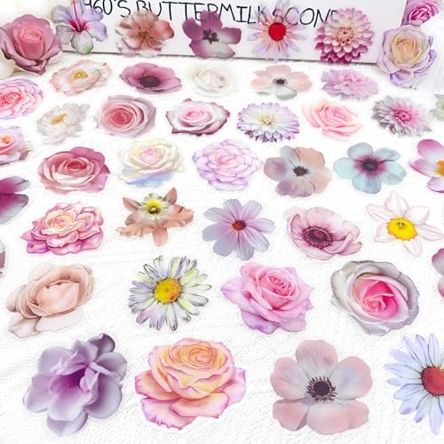 50PCS Pink Flower Stickers – Aesthetic Clear Waterproof Floral Stickers for Scrapbooking, Journaling, Planners, Crafts, Card Making, Art Projects