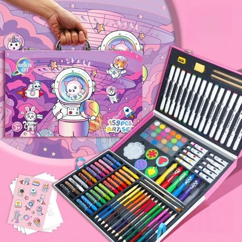AmazeCat Art Supplies,159-Piece Deluxe Art Set,Drawing &Painting Kits for Kids,Gift Box for Adults Artists Kids Teens Girls Boys 4-12 (Pink)