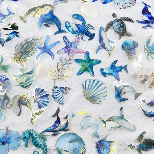 50pcs Ocean Animal Stickers for Laptop Water Bottles, Gold stamp Transparent PET Waterproof Adhesive Fish Decal Under The Sea Marine Life Sticker for Kids Birthday Party Scrapbook Gift box(Gold stamp)