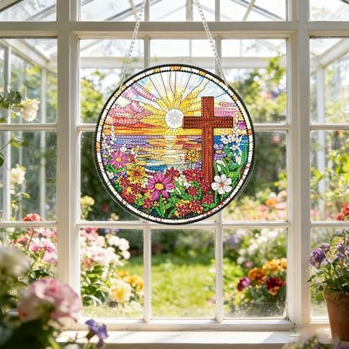 CRZMODE Cross Diamond Art Hanging Kit for Adults, Cross Pendant Diamonds Painting Art Kit, Special Crystal Diamond Art Painting Pendant Ornament, Craft Gift for Women Home Window Decor