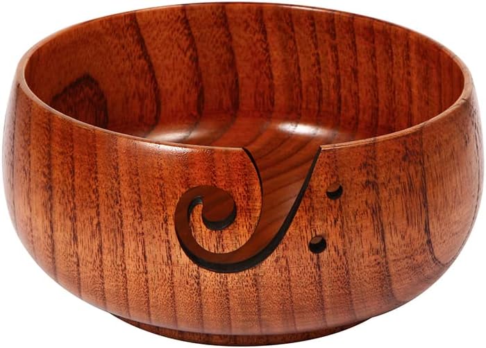 Wooden Yarn Bowl, 6" x 3" Knitting Tool with Holes, Handmade Rounded Edge for Crocheting, Storage Holder for DIY Sewing Supplies