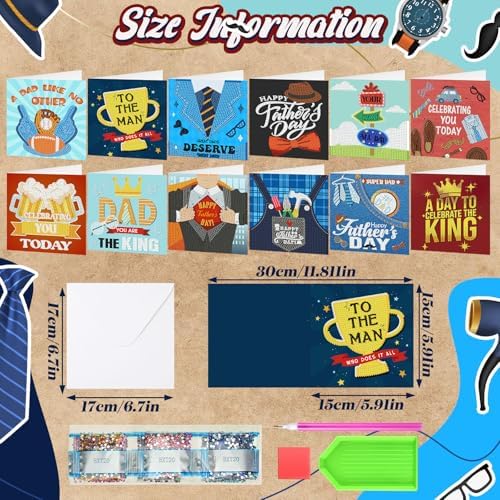 Saillong 12 Pack Father's Day Diamond Painting Greeting Cards Kits Dad Diamond Art Cards with Envelopes Best Dad 5D Rhinestones Painting Making Kits for Adults Father's Day DIY Craft Gifts