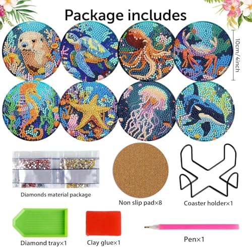 8 Pack Diamond Art Coasters,Ocean animal Diamond Painting Coasters Kits