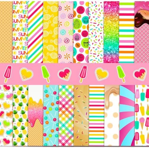 HunnmingRe 20 Pcs 10''x10'' Summer Quilting Fabric Square Ice Cream Pineapple Precut Fabric Bundle Colorful Sprinkle Polka Dot Check Printed Patchwork for Holiday DIY Craft Sewing Material Supplies