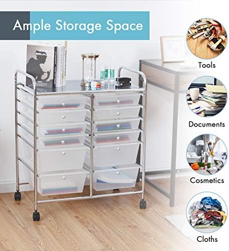 LDAILY 12 Drawer Rolling Storage Cart, Craft Cart Organizer on Wheels w/Metal Frame, Large Capacity & Smooth Drawer, Rolling Cart w/Drawers for Classroom, Office
