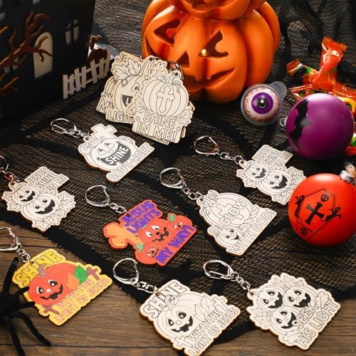 Trnayi 36 Pcs Christian Pumpkin Wood Keychain DIY Craft | Christian Pumpkin Wooden Keychain, Color Your Own Unfinished Craft, Blank Wood Painting DIY Craft, for Halloween Art Project