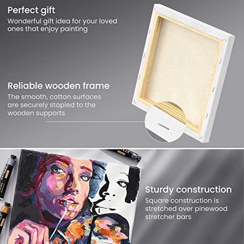 ARTEZA Stretched Canvas, 8 x 8 Inches, Pack of 12, Blank White Square Canvas for Painting for Acrylic, Oil and Gouache Paints | White Cotton Surface, Wood Bars, Pre-Primed, For Acrylic, Oil, Gouache, Tempera, Pouring Art and Wall Sets