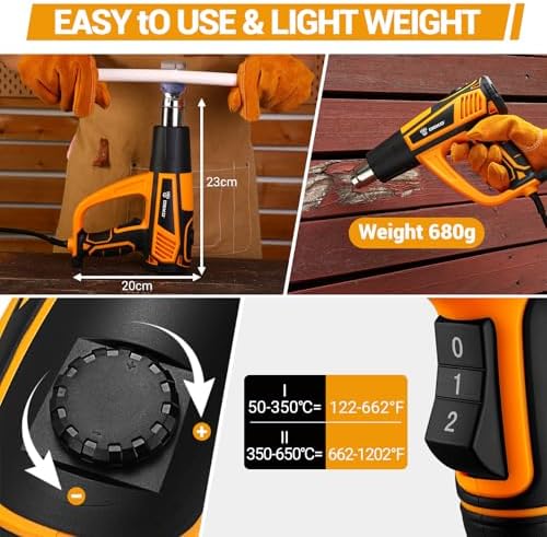 Heat Gun Hot Air Gun: DEKOPRO 1800W Heat Guns with Variable Temperature Control 120℉-1200℉/50℃- 650℃, Heat Guns for Crafting, Vinyl Wrap, Shrink Wrap with Overload Protection & 4 Nozzles