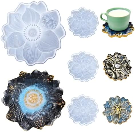 YXDGSG Large Resin Tray molds 14in Flower Resin Molds Silicone + 4pcs Coaster Silicone Mold Set DIY Art Craft Tray Cup Mats Epoxy Resin Casting
