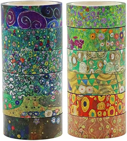 Berkin Arts 12 Rolls Art Floral Designs Washi Tape Set - 15 mm Wide Decorative Adhesive Masking Tape Cloisonnism Colorful Flowers Gustav Klimt Series