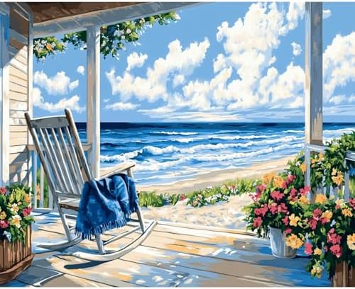 Beach Paint by Numbers Kit for Adults Beginner Landscape Oil Painting Kit Adult Paint by Number Kits on Canvas Ocean DIY Painting for Beginners Art by Numbers for Gifts Home Wall Decor 16x20 Inch