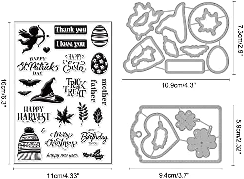 INFUNLY Merry Christmas Clear Stamps and Dies Sets for Card Making Tag Cutting Die Stencils for DIY Scrapbooking Happy New Year Transparent Rubber Clear Stamp for Holiday Gifts