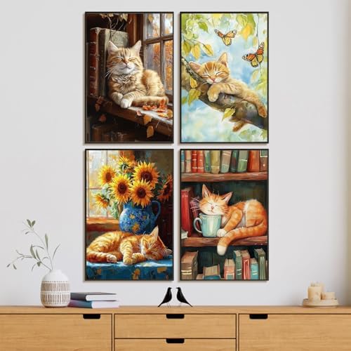 4 Pcs Framed Paint by Numbers Kit for Adults Sleeping Cat with Wooden Easel | With Frame Canvas, Cat DIY Acrylic Painting, For Adults Beginner, Stress Relief Craft Kits, Home Wall Decor Gift, 8x12 IN