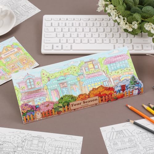 Birthday Coloring Cards, 4 Unique Blank Greeting Card Set with Streetscape, Season&Storefront, DIY Art Craft for Kids, Adults, Holiday Gift Ideas for Mom, Friends, Thank You&Greeting Card Collection
