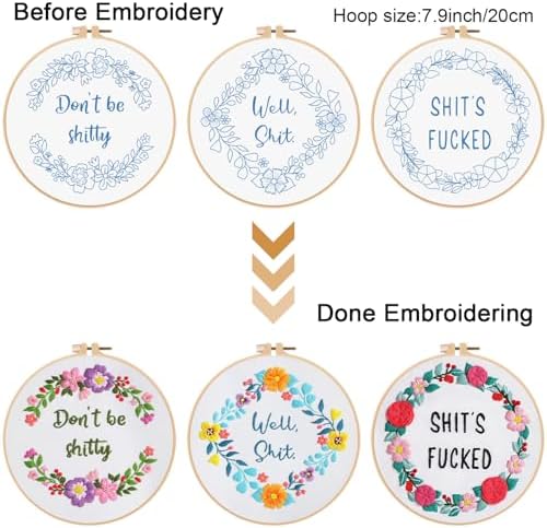 Louise Maelys 3 Sets Funny Embroidery Kits for Beginners
