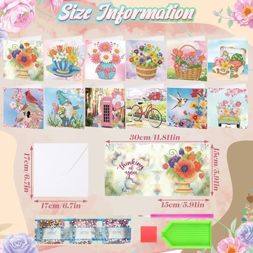 Saillong 12 Pack Flower Diamond Painting Greeting Card Kits DIY Pastel Floral Gnome Diamond Art Cards with Envelopes Flower 5d Rhinestones Paint Card for Adults DIY Craft Family Friend Birthday Gifts