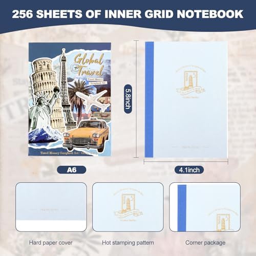 Auguro World Travel Scrapbook Kit A6 Grid Notebook Stationery Junk Journal Kit Scrapbooking Supplies Kit Craft DIY Gift for Adult Teen Girl