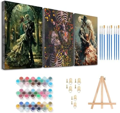 Axquilon 3 Packs Skull Couple Framed Paint by Numbers Kit for Adults 8x10in