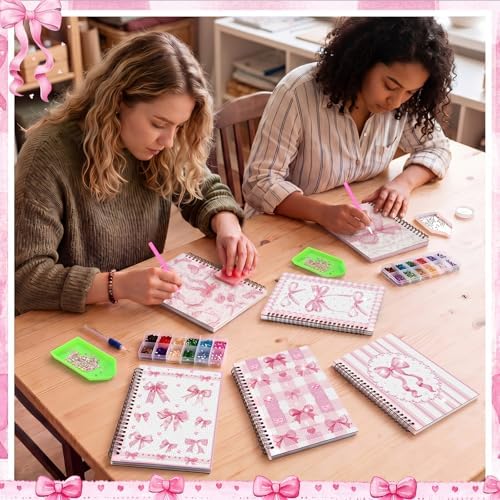 Fullhawl 6 Pack 5D DIY Diamond Art Crafts Kit for Adults Office Supplies Beginner A5 Leather Diamond Painting Gift for Women Art Cover Craft Accessories with Tool (Pink Bow)