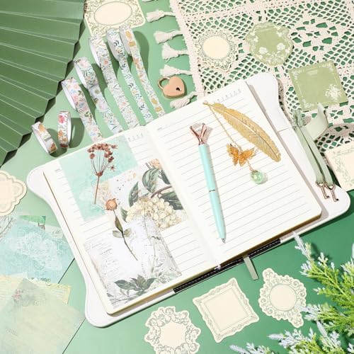 Janlaugh DIY Journal Diary with Lock Pack Scrapbook Kit, Light Green, Fresh | Stationery Diary Supplies, Scrapbook Supplies Art Crafts Kit for Birthday Holidays Ideal Gifts, Feather Bookmark Stickers