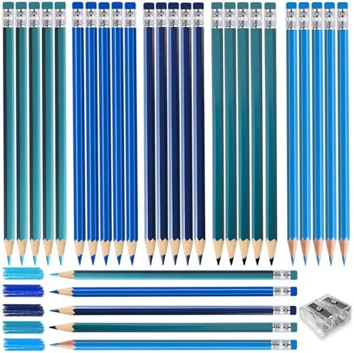 Adhere 25pcs Checking Pencils Erasable colored Pencils Pre-Sharpened #2 HB,for Checking Tests Grading,Map Coloring, editing Office Favors,including a Free sharpener. (Mixed Blue 5colors)