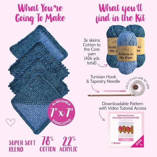 KnitPal Tunisian Crochet Dishcloth Kit for Beginners - Jean Blue + Sky Blue