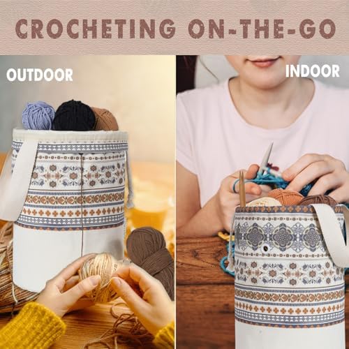 TOGETRUE Yarn Bag, Knitting Crochet Bag, Portable Yarn Storage Bags Organizer for Crocheting Project, Store Skein Ball, Short Knitting Needle (Medium, Brown Style)
