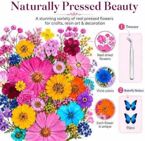 210 pcs Dried Flowers for Resin, Natural Flowers and Leaves Kit with Butterfly Stickers， Vacuum Sealed DIY Pressed Flowers for Jewelry Molds, Candle Soap Making, Scrapbook, Nail Art (Colorful-J)