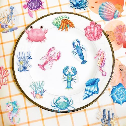 100PCS Marine Life Stickers, Waterproof PET Transparent Watercolor Ocean Decals for Laptop, Luggage, Skateboard, Phone, Fridge, Trendy Stickers for Teens, Adults, Boys and Girls（Marine Life