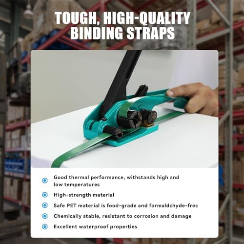 Heavy Duty Banding Strapping kit Contain 5/8"x 1000' Polyester (PET) Packaging Straps & 200 Metal Seals 100 Plastic Edge Protectors Tensioner with Cutter Sealer Tool