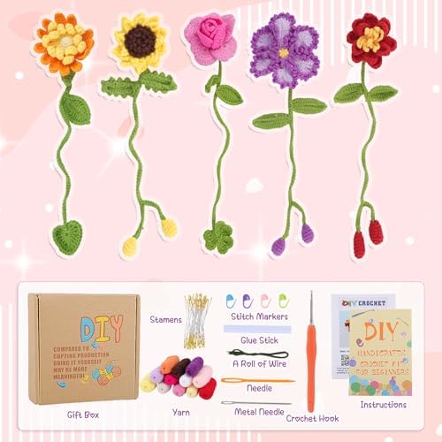 WSICSE 8-Pc Crochet Flower Bookmark Kit, Handmade Floral DIY Set