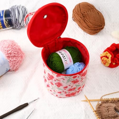 Mini Yarn Storage Small Size Yarn Bag for Crocheting with Holes,Empty Round Knitting Tote Bags protable Yarn Holder,Perfect for Travel,Beginner & Crocheter(Red Dandelion)