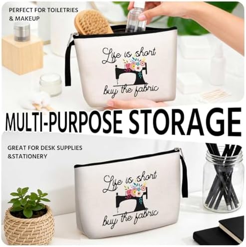 Hanamiya Na Sewing Gift for Women, Seamstress Gifts Cosmetic Bag, Funny Quilting Gifts for Women Great Gift for Quilters, Seamstresses-Life Is Short Buy The Fabric Makeup Bag