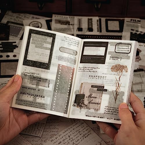 Dizdkizd Washi Stickers Book for Journaling, Vintage Scrapbook Ephemera with 180pcs Film Stickers and 20 Adhesive Scrapbooking Papers, Junk Journaling Supplies