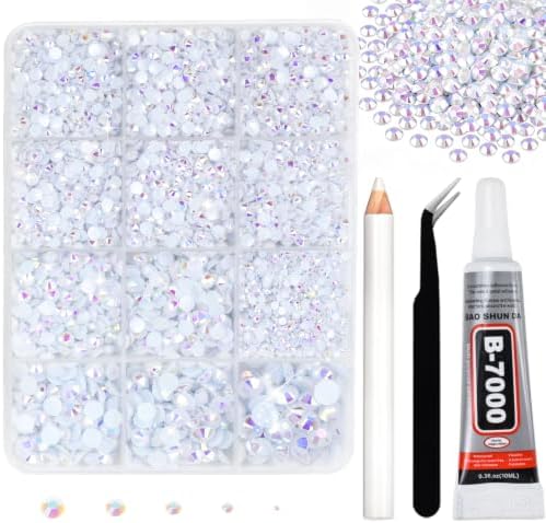 10000PCS White AB Rhinestones Bedazzling Gems 2/3/4/5/6MM Mix Sizes Resin Jelly Bedazzler Kit Flatback with Complete Tools for DIY, Nail, Art Craft for Girls Gift