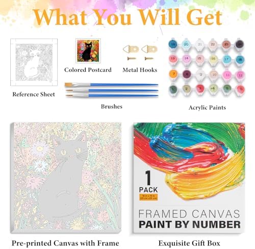 Framed Paint by Numbers Kit for Adults, Black Cat & Flower Decor 10x10 Inch