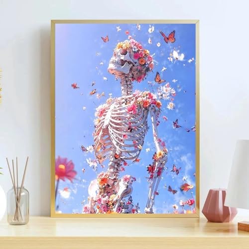 koemhxb Skeleton Paint by Numbers for Adult, Floral Skeleton Art Paint by Numbers Kit for Adults Beginners, DIY Acrylic Painting on Canvas for Home Wall Art Decor 16x20 Inch