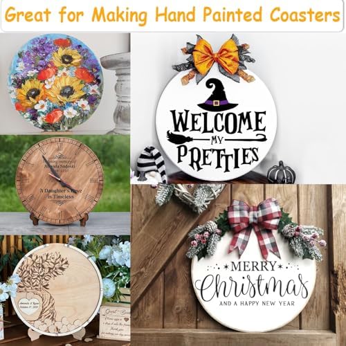 12 Inch Wood Circles for Crafts, 10Pcs Unfinished Wood Rounds with Holders for Cricut Projects, Burning, Painting, Door Hanger, DIY Wooden Crafts Gifts for Halloween Fall Holiday Home Decor(10PCS)